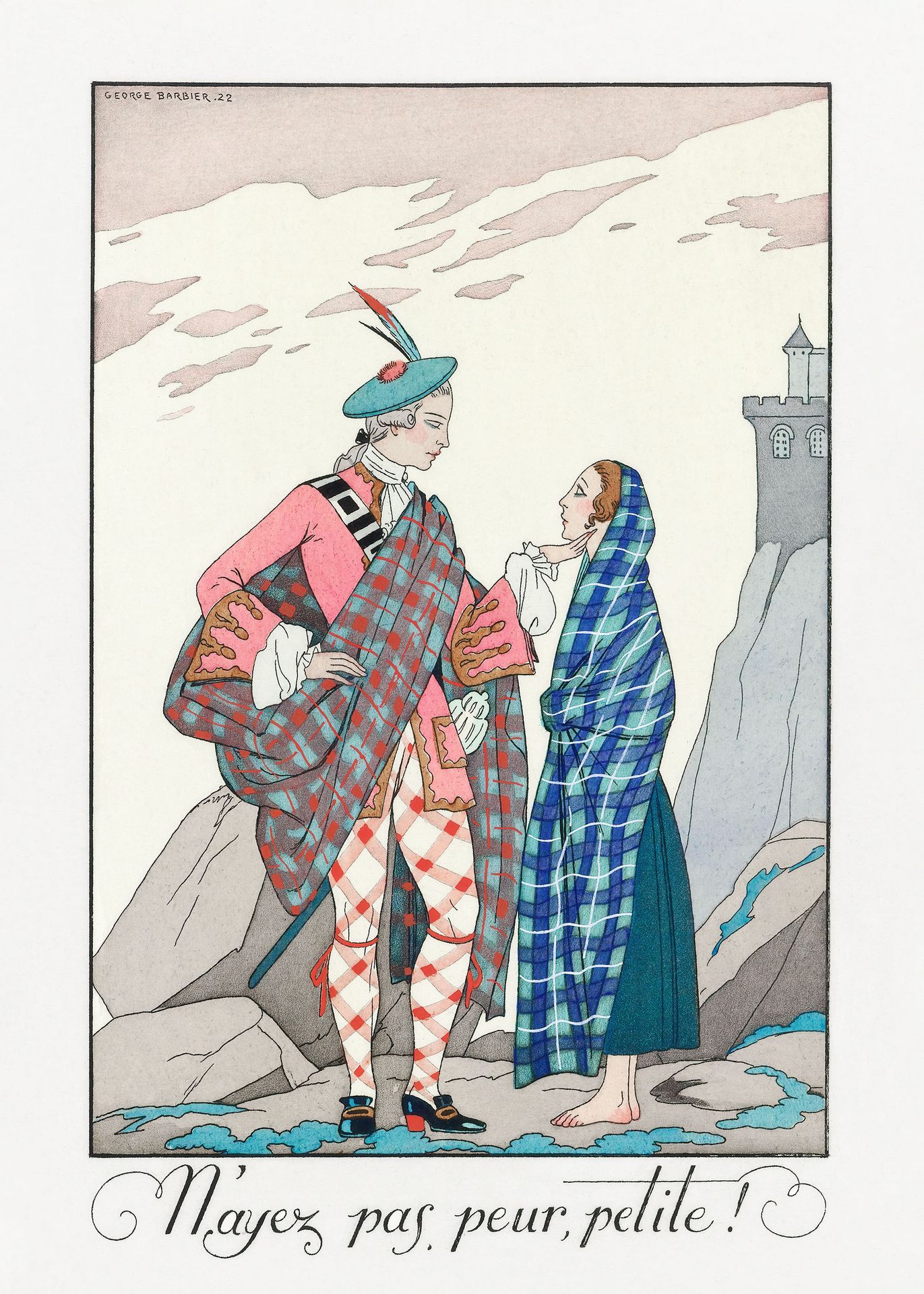 Plakat Art Deco George Barbier romantyczna scena pod zamkiem