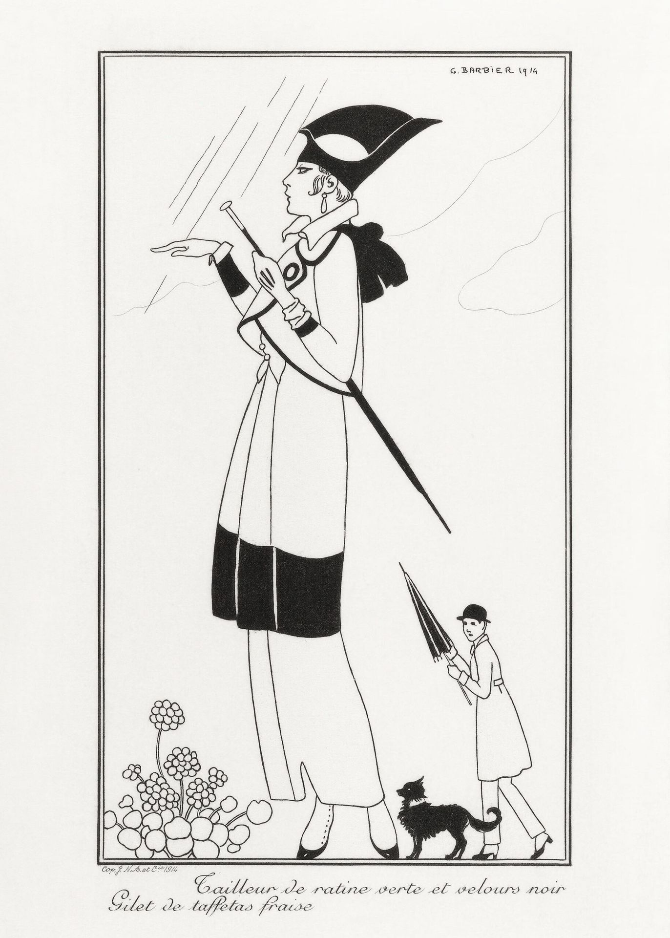 Plakat czarno-biały Art Deco kobieta w deszczu George Barbier 1914