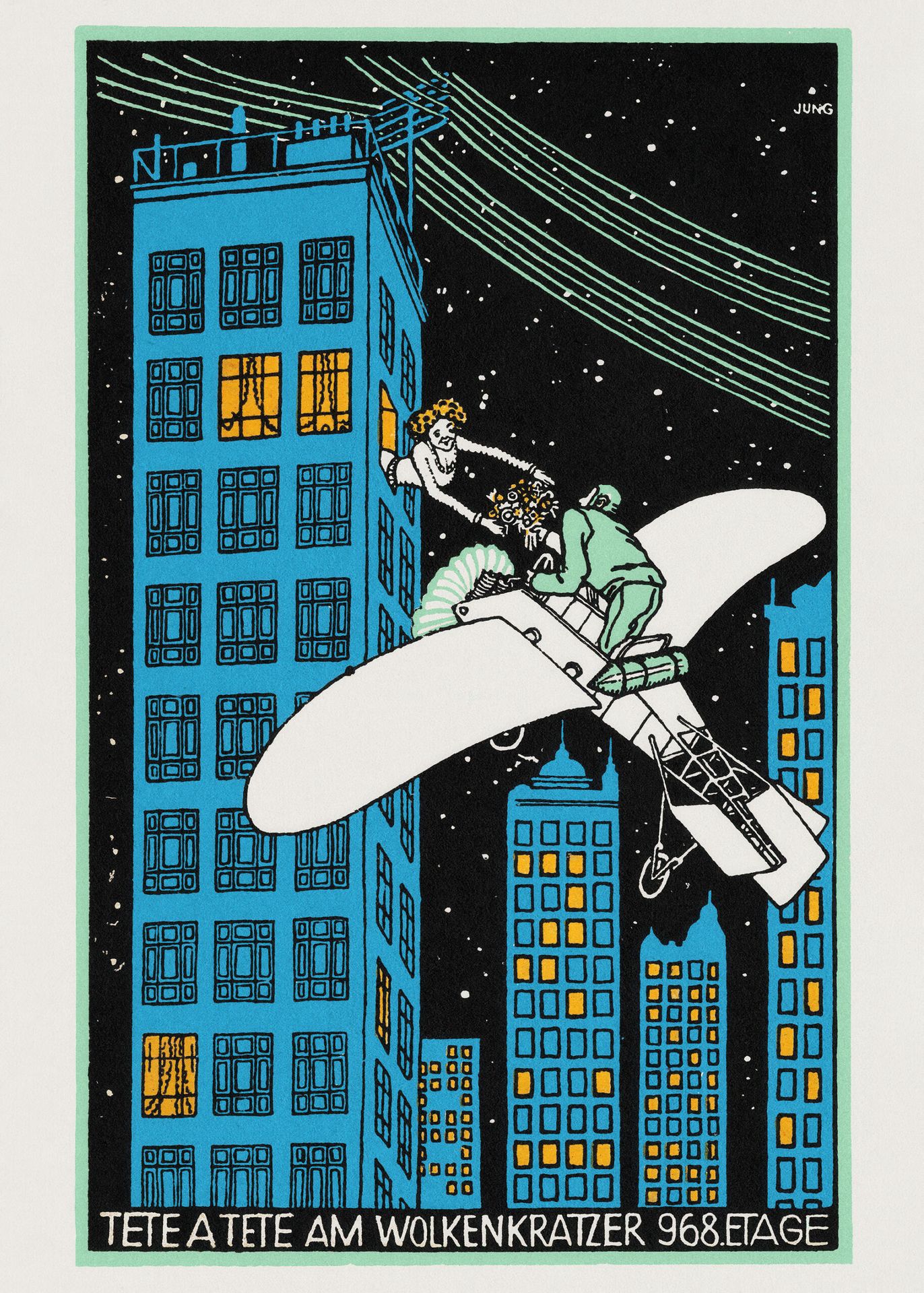 Plakat Moriz Jung randka na wieżowcu z samolotem vintage