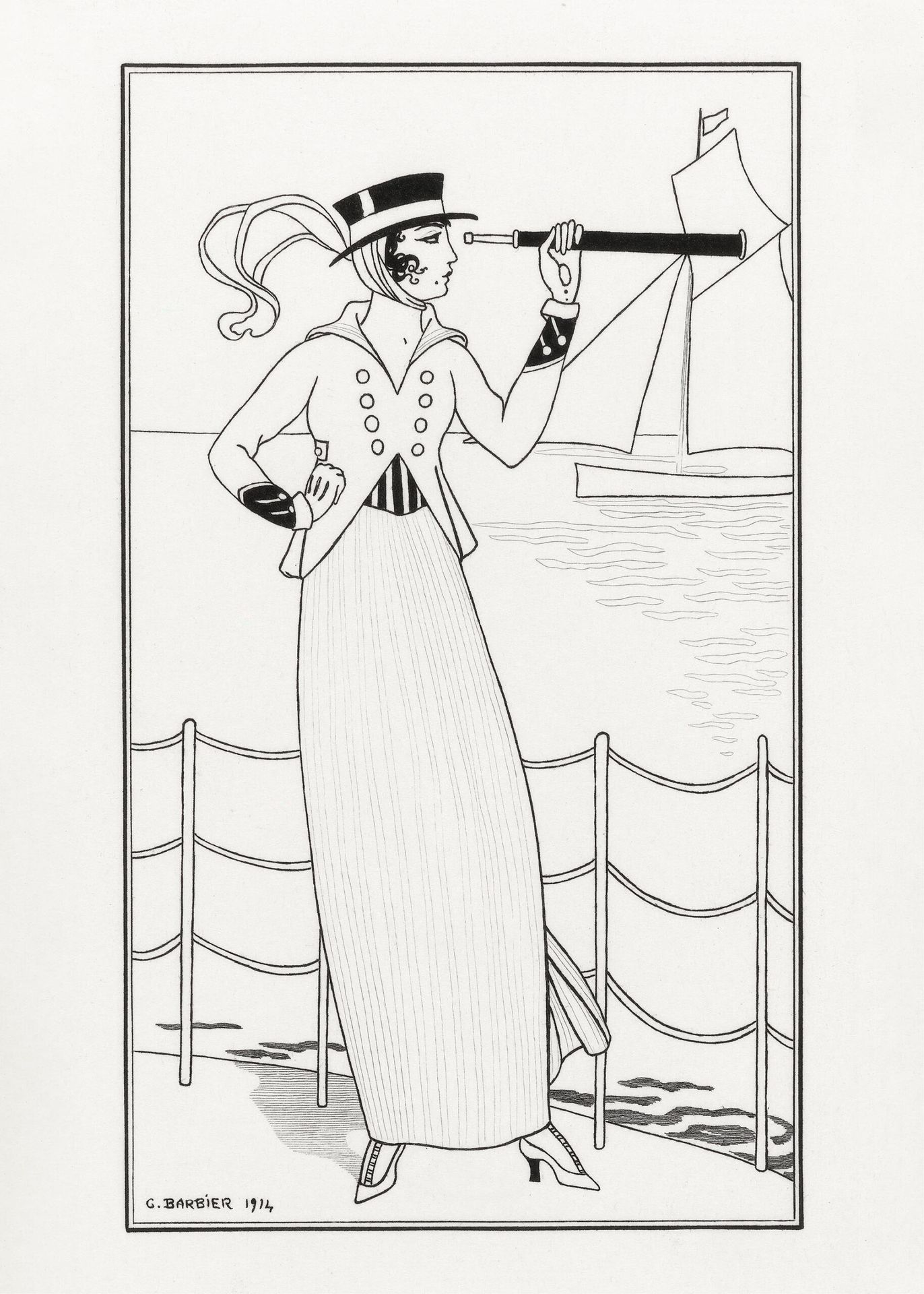 Plakat czarno-biały Art Deco dama z lunetą 1914 George Barbier