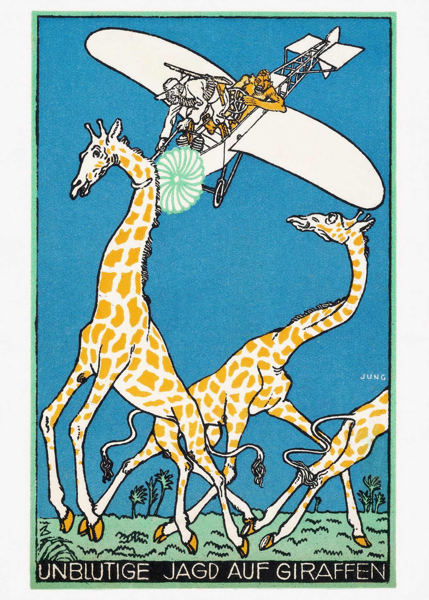 Plakat Moriz Jung polowanie na żyrafy samolotem surrealizm secesja