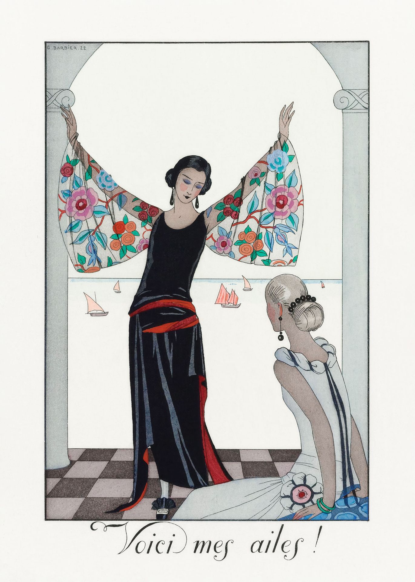 Plakat Art Deco George Barbier kobieta w szacie nad morzem