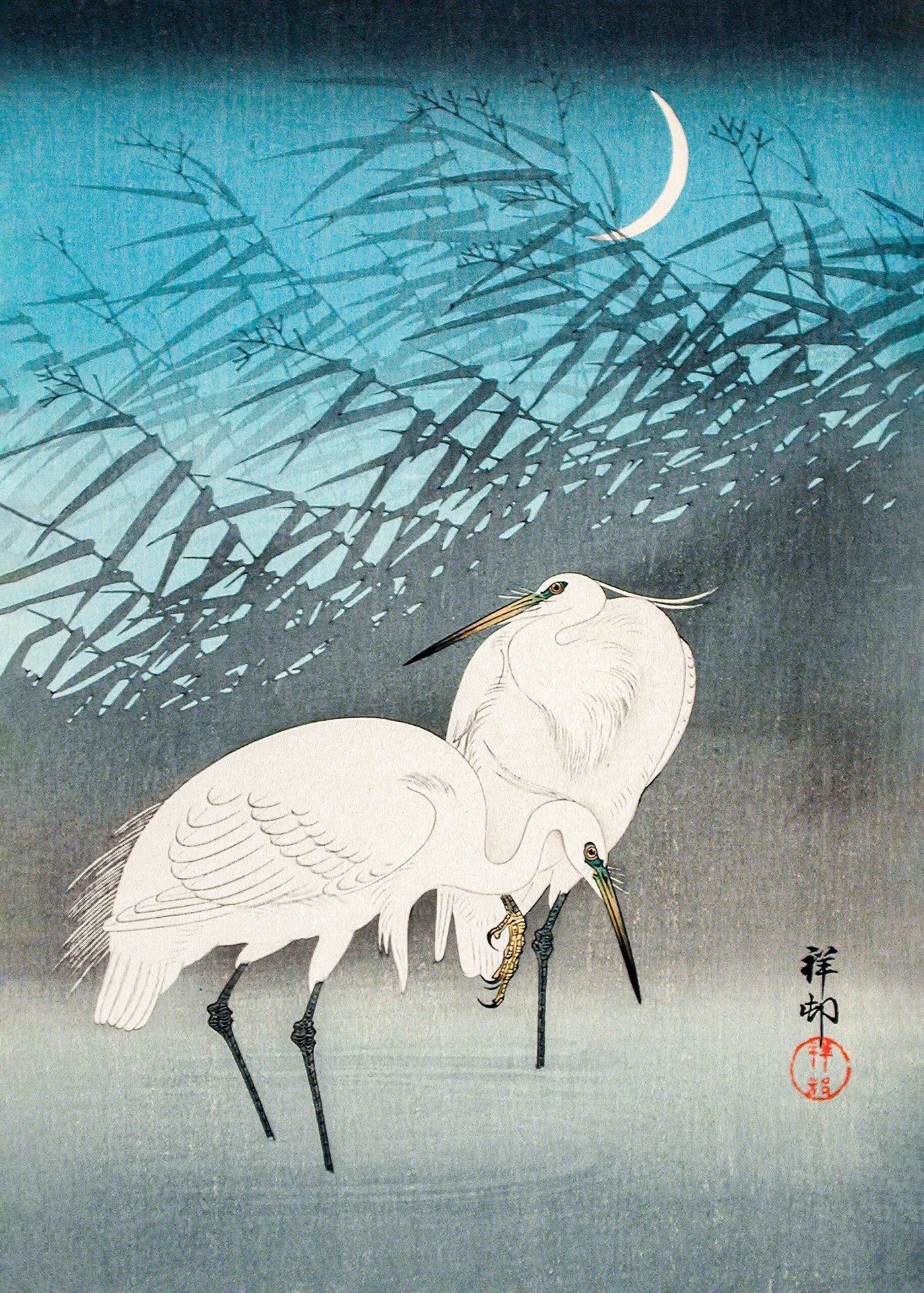 Plakat Dwa żurawie w świetle księżyca Ohara Koson