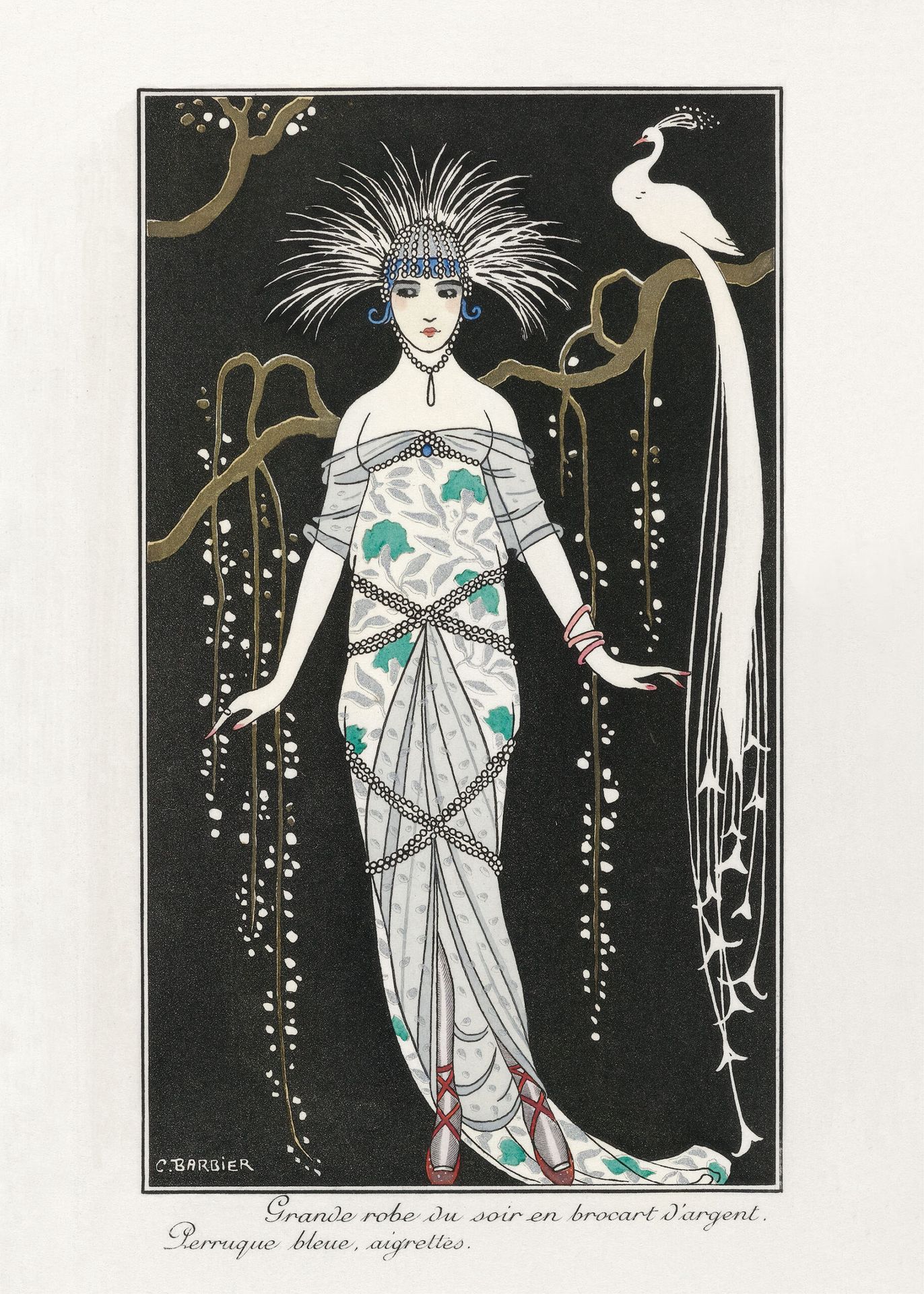 Plakat Art Deco George Barbier kobieta z białym pawiem