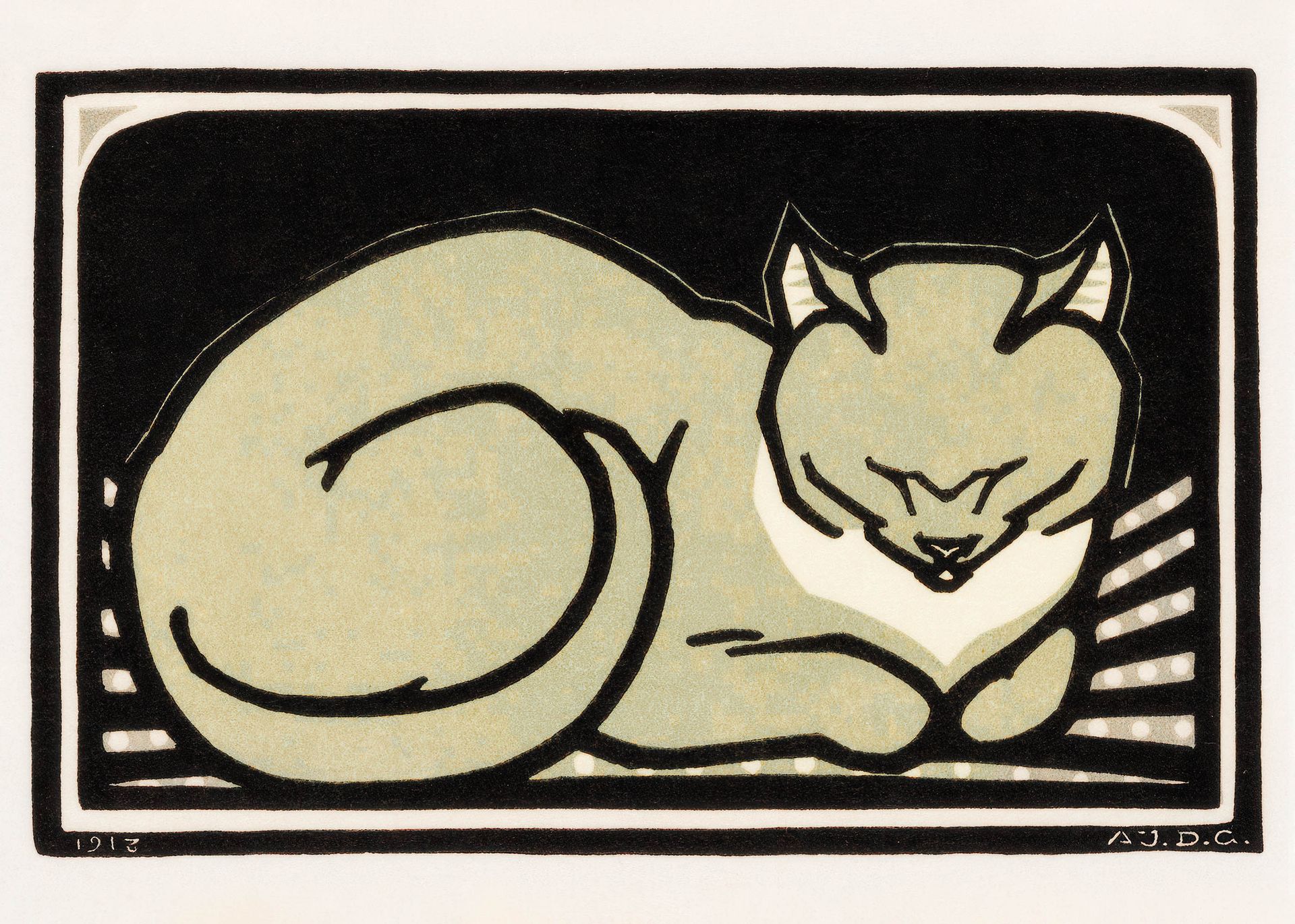 Plakat czarno-biały śpiący kot 1918 Julie de Graag