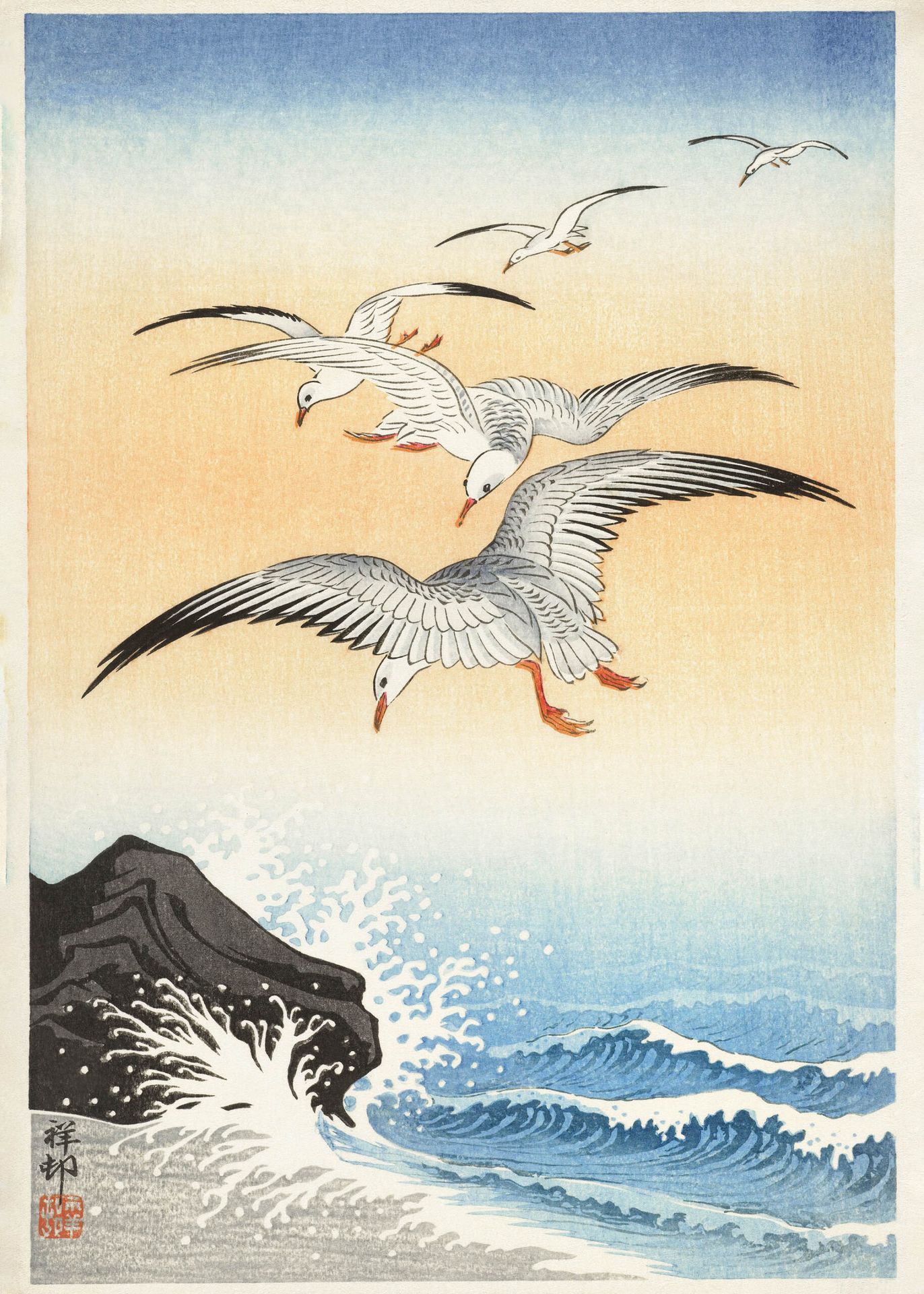 Plakat Mewy nad falami Ohara Koson japoński drzeworyt