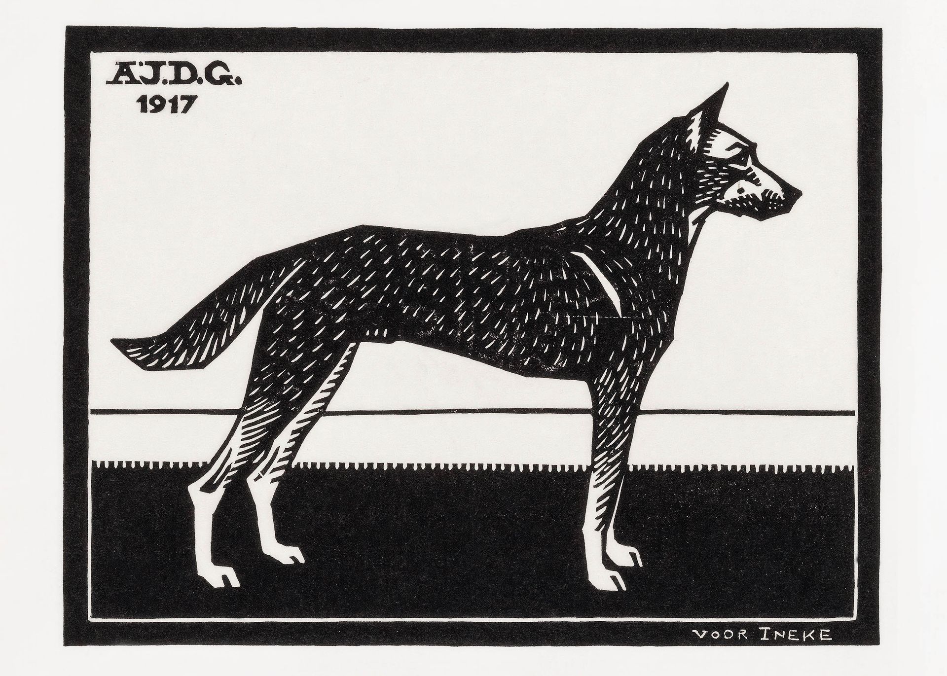 Plakat pies czarno-biały drzeworyt Julie de Graag 1917