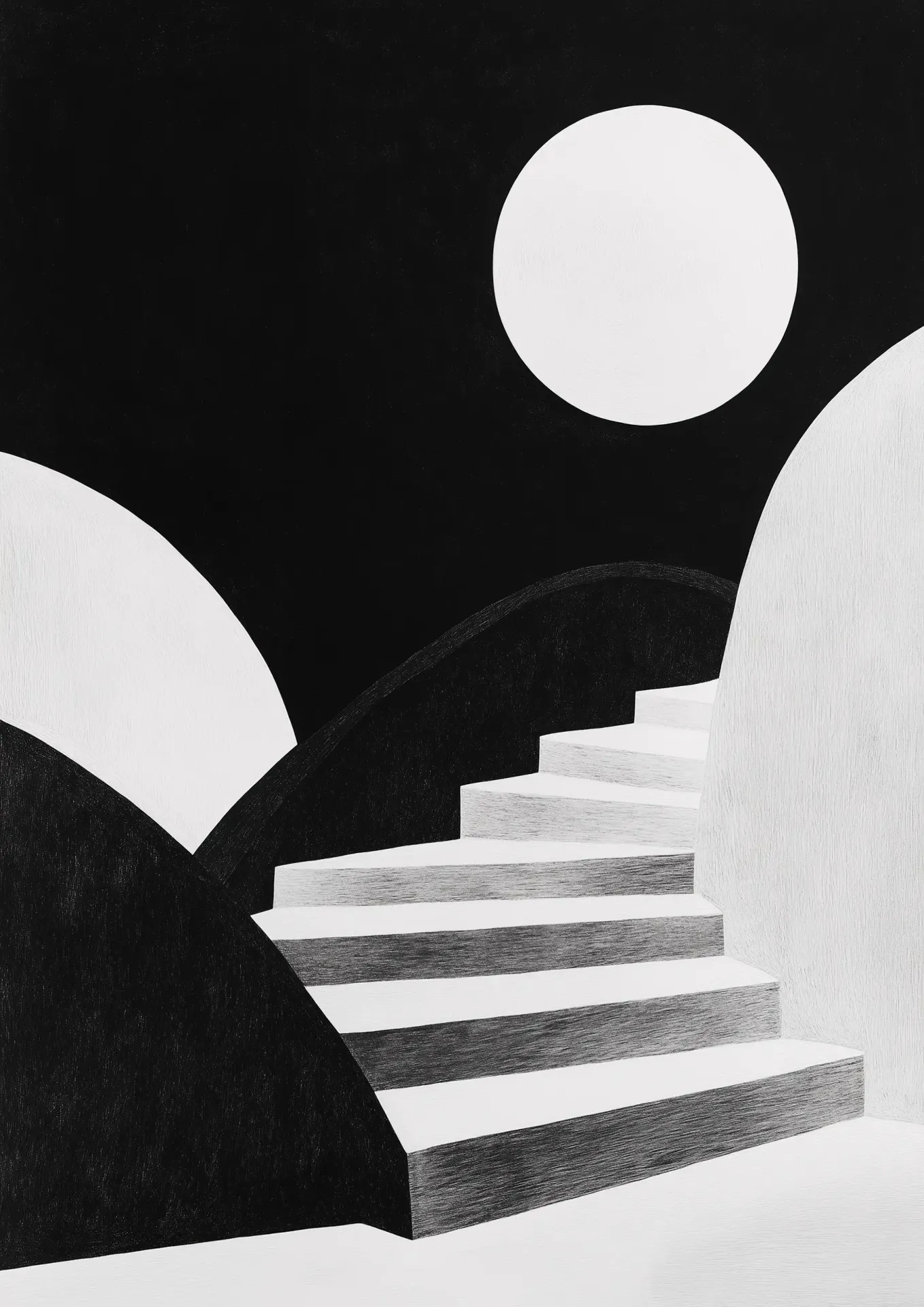 Plakat Czarno-biała abstrakcja schodów w księżycową noc