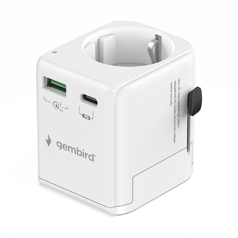 GEMBIRD Uniwersalny adapter podróżny z uziemieniem 20W biały