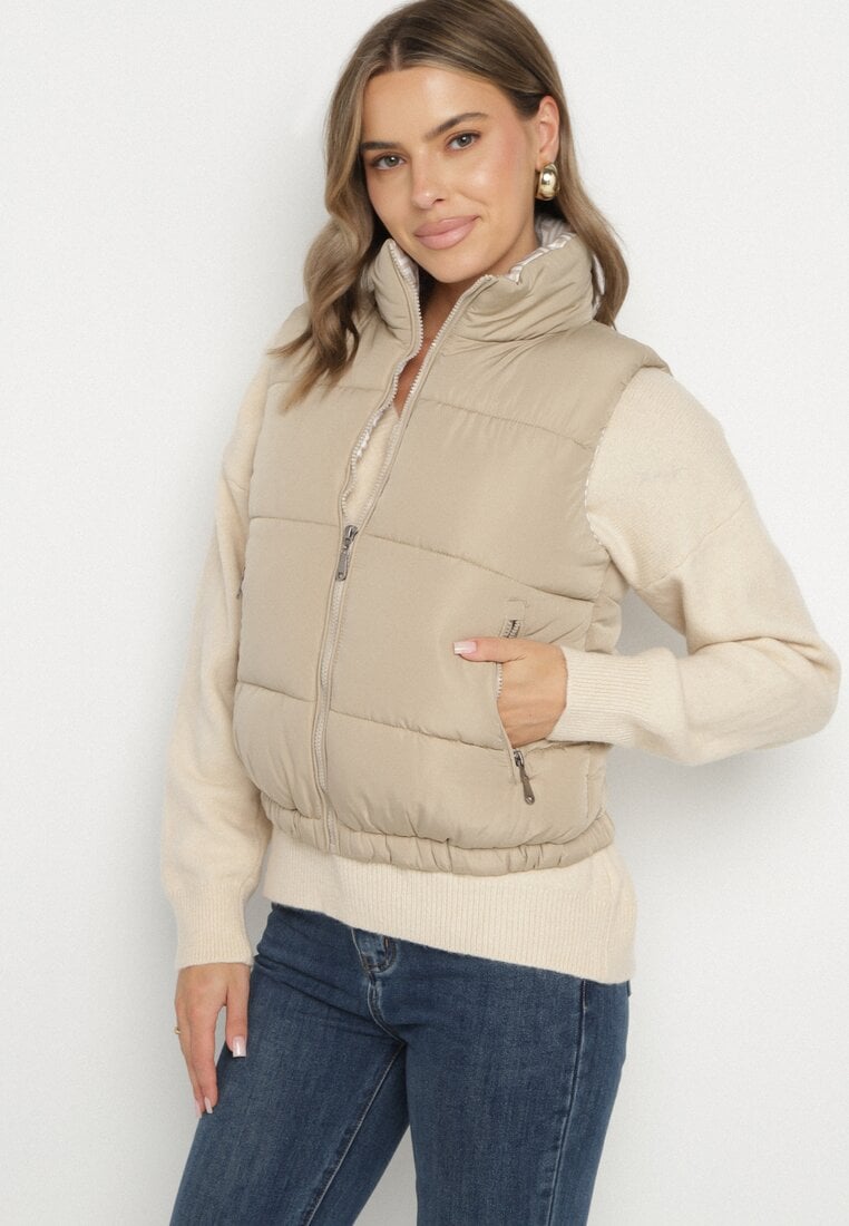 Ciemnobeżowa Pikowana Kamizelka z Ozdobną Podszewką Olianela