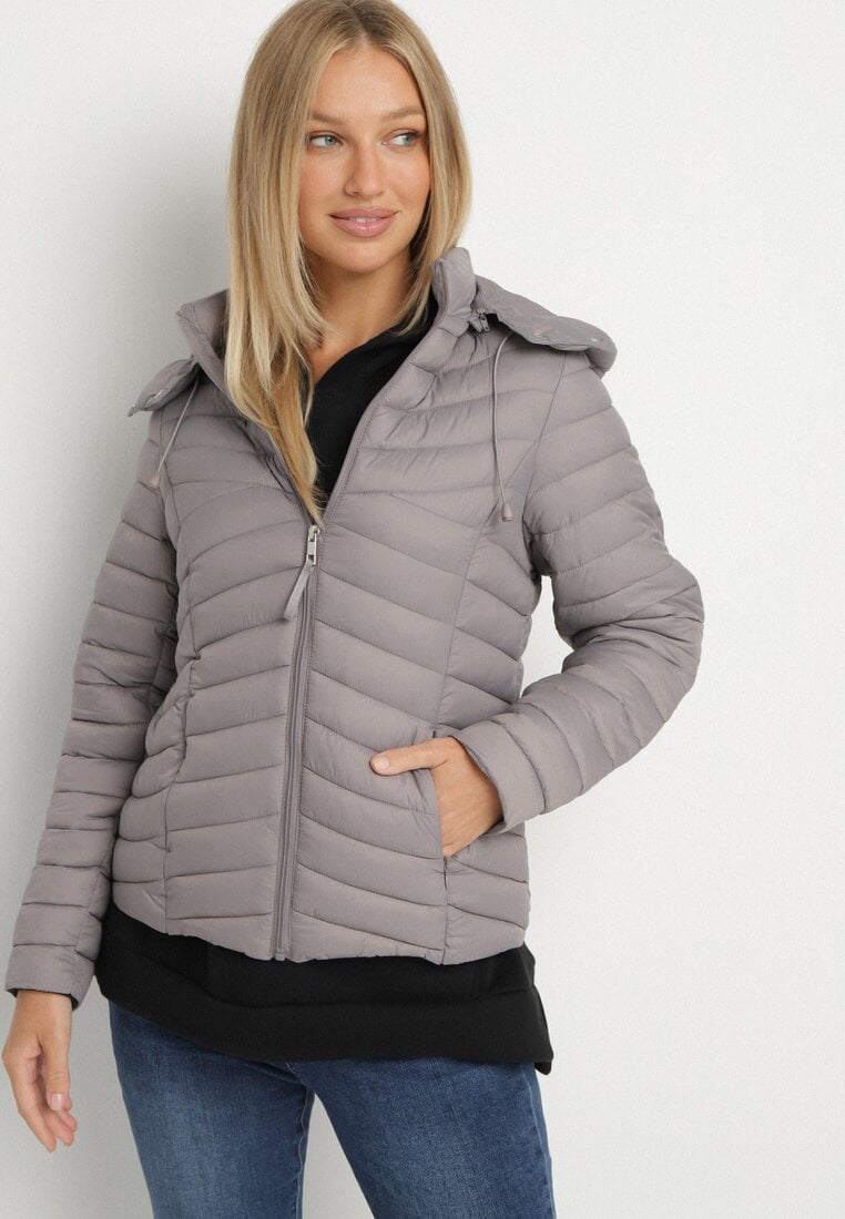 Szara Pikowana Kurtka Przejściowa z Kapturem Suritta