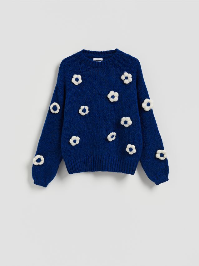 Reserved - Sweter z kwiatową aplikacją - granatowy