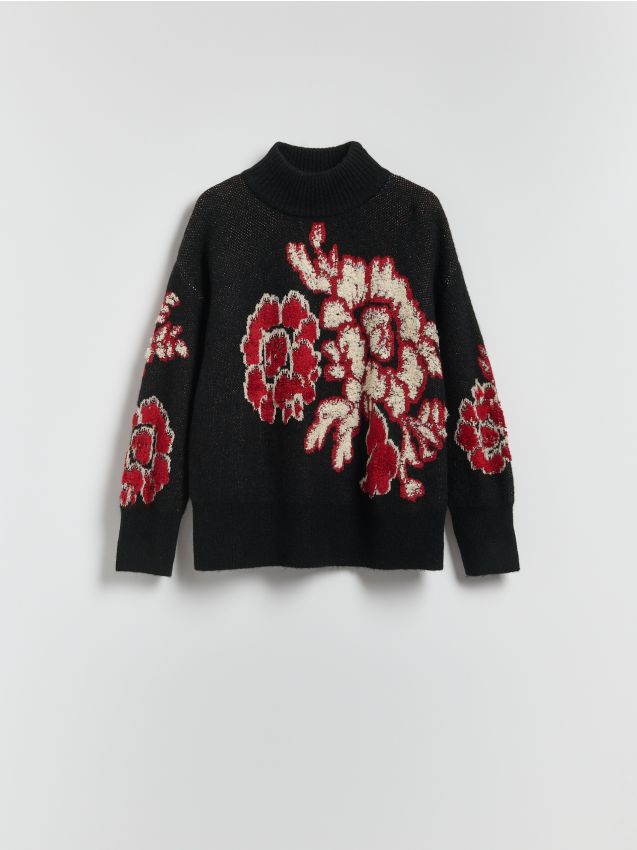 Reserved - Wzorzysty sweter z wełną - czarny