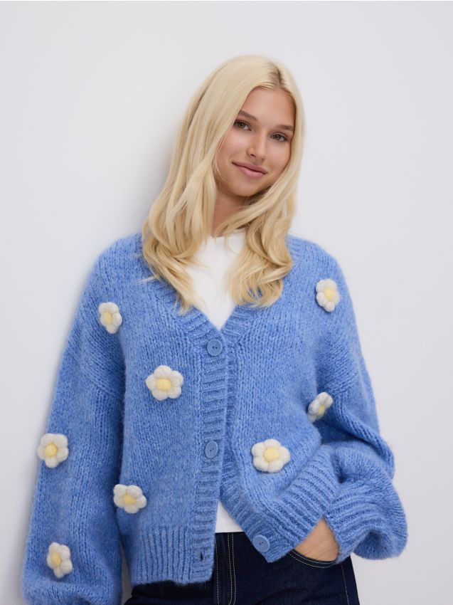 Reserved - Kardigan z kwiatową aplikacją - jasnoniebieski