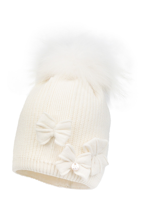 Dziewczęca czapka na zimę TRINE z pomoponem ekri
