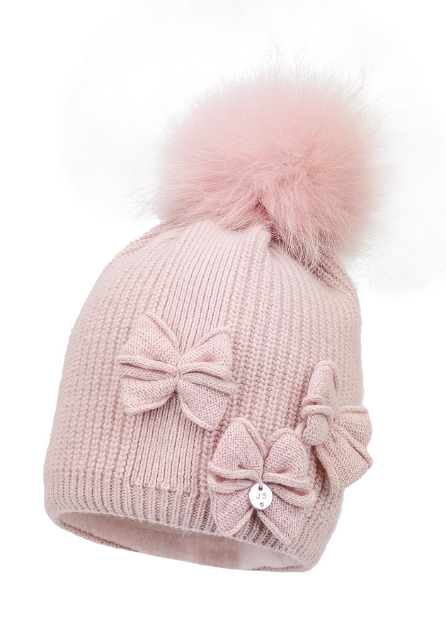 Dziewczęca czapka na zimę TRINE z pomoponem pudrowy róż