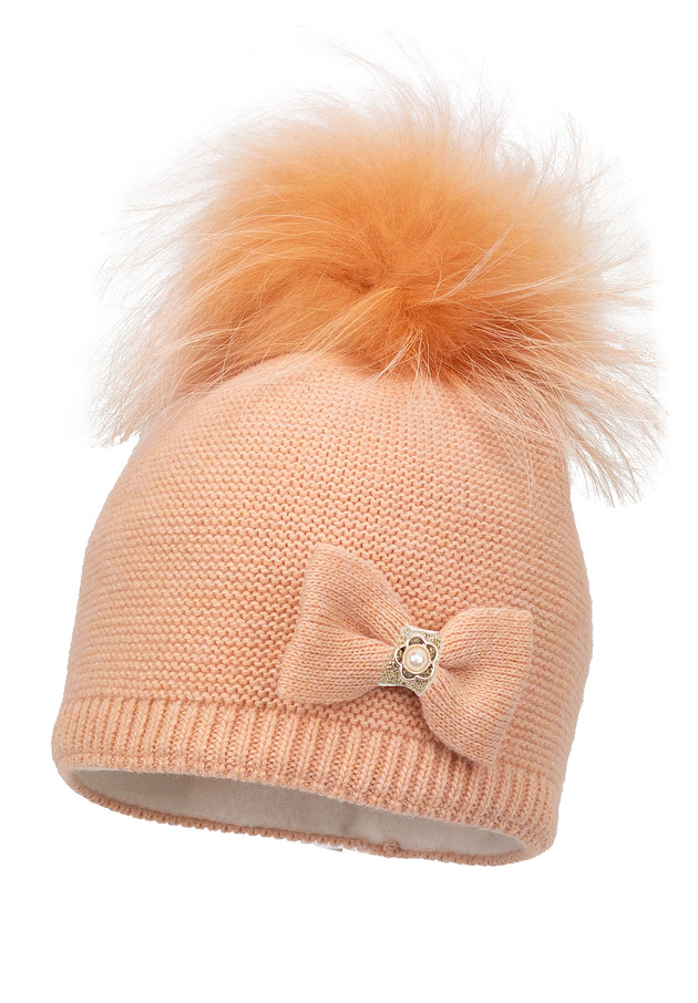 Dziewczęca czapka na zimę LYDIE z pomponem brzoskwiniowy