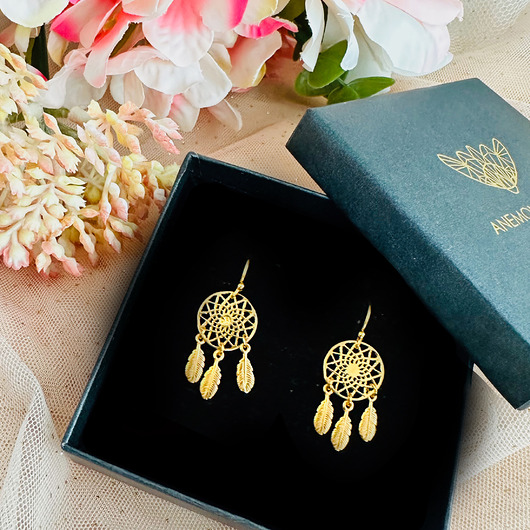 KOLCZYKI łapacz snów , złote pióra, biżuteria boho