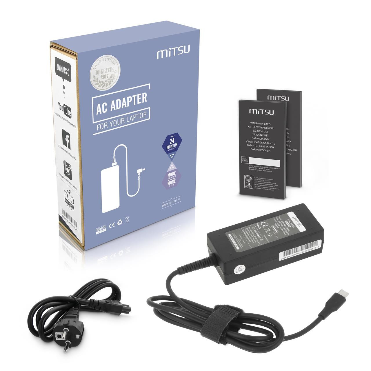 Zasilacz sieciowy Mitsu 45W USB-C, USBC, 5-20V, 2-3A (black) do notebooka ZM/USBC45WB-2