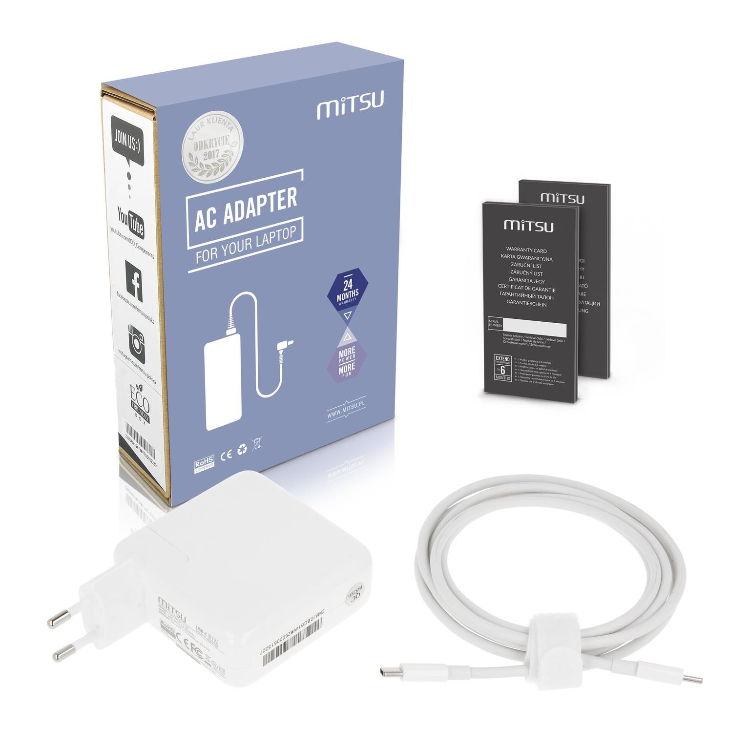 Zasilacz sieciowy Mitsu 61W USB-C, USBC, 5-20.3V, 3A (white) do notebooka ZM/USBC61W