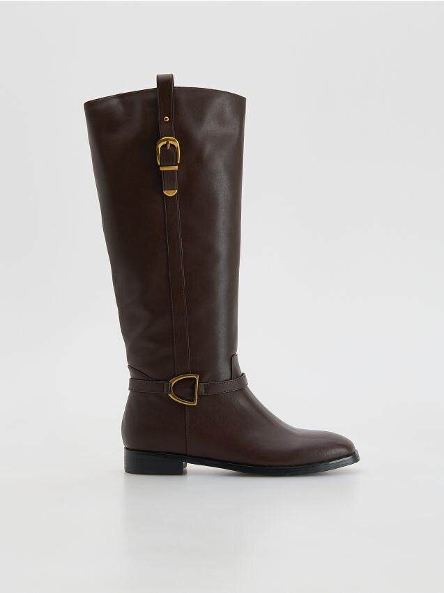 Reserved - Skórzane kozaki z klamrą - ciemnobrązowy