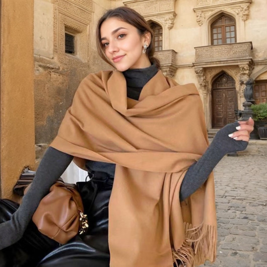 SZAL Karmelowy Kawowy Brązowy Ciemny Beż Szalik Damski z Imitacji Kaszmiru