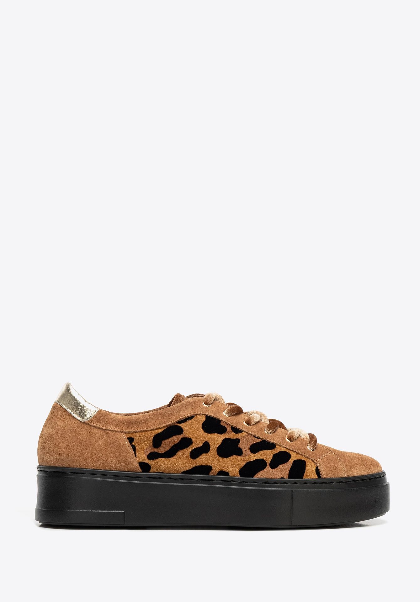 Damskie sneakersy ze skóry zamszowej w motyw panterki brązowe