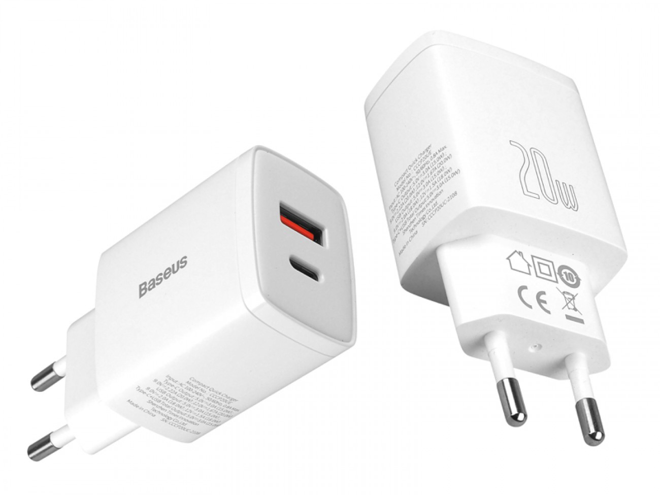 Ładowarka sieciowa Baseus Compact Quick Charger USB + USB-C QC 3.0 PD 3.0, 20W, biała.