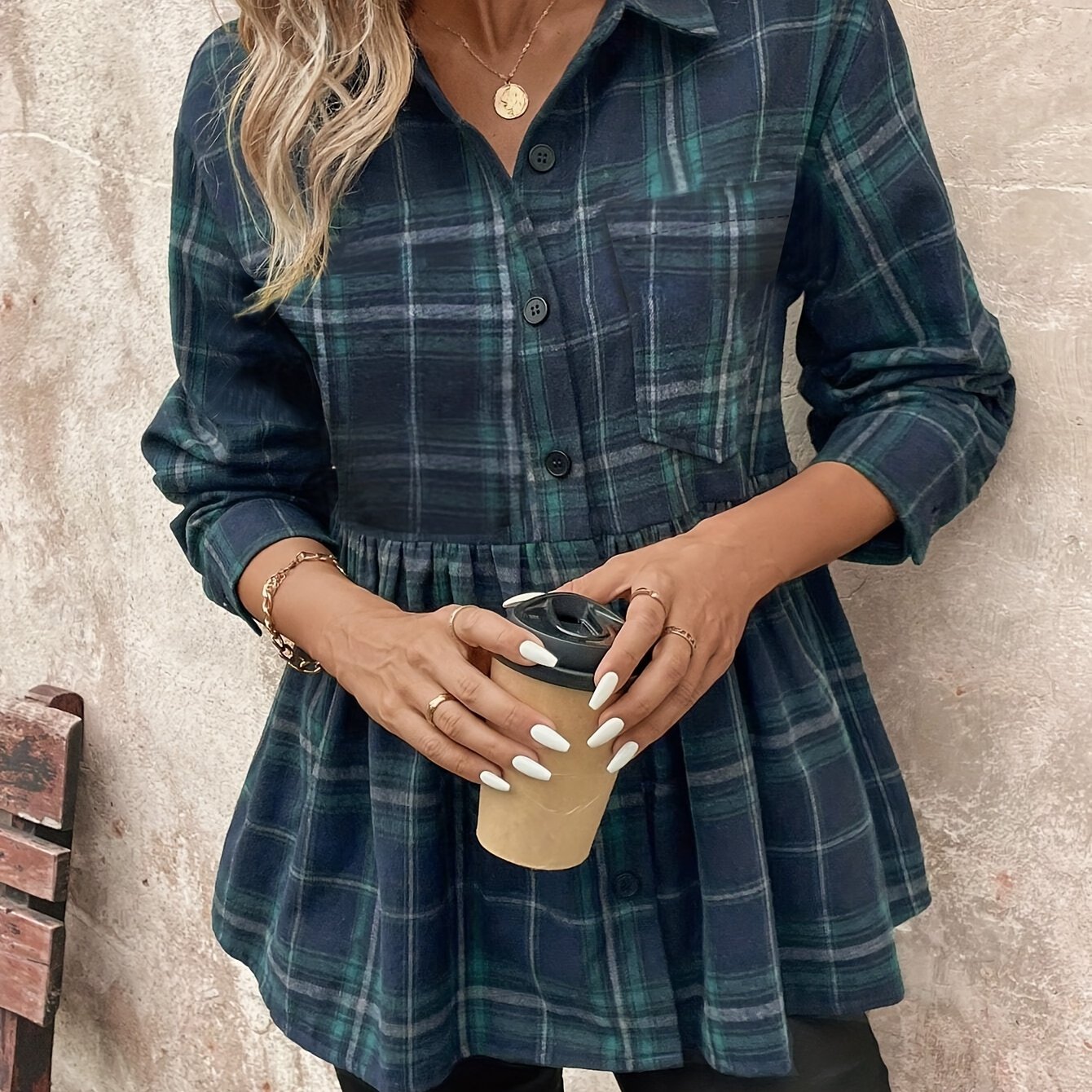 TEMU Koszula w Kratę z Guzikami, Casualowa z Długim Rękawem i Kołnierzykiem, Odzież Damska na Wiosnę i Jesień