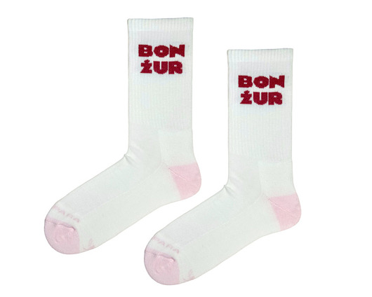 Bonżur - białe skarpetki z zabawnym napisem