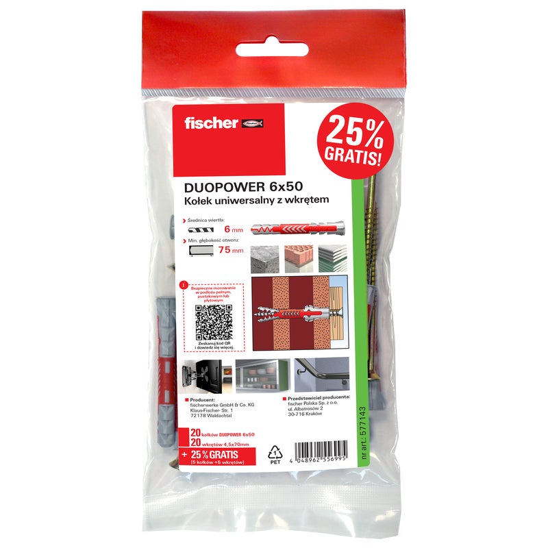 Kołki Duopower 6x50 mm z wkrętami 20 sztuk + 5 sztuk gratis