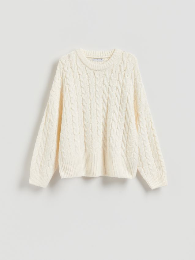 Reserved - Sweter z warkoczowym splotem - złamana biel