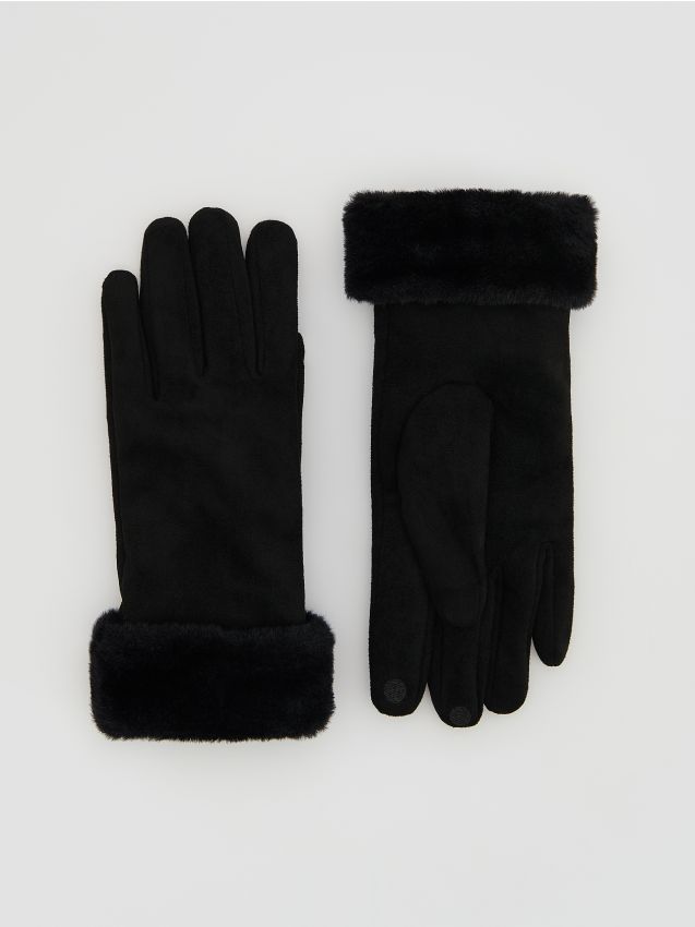 Reserved - Rękawiczki ze sztucznym futerkiem - czarny