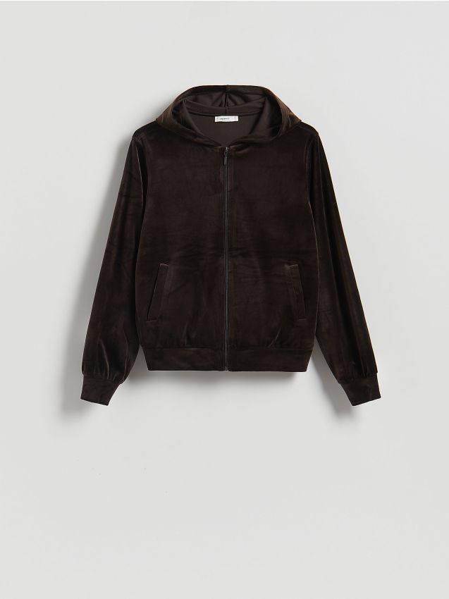 Reserved - Welurowa bluza z kapturem - ciemnobrązowy