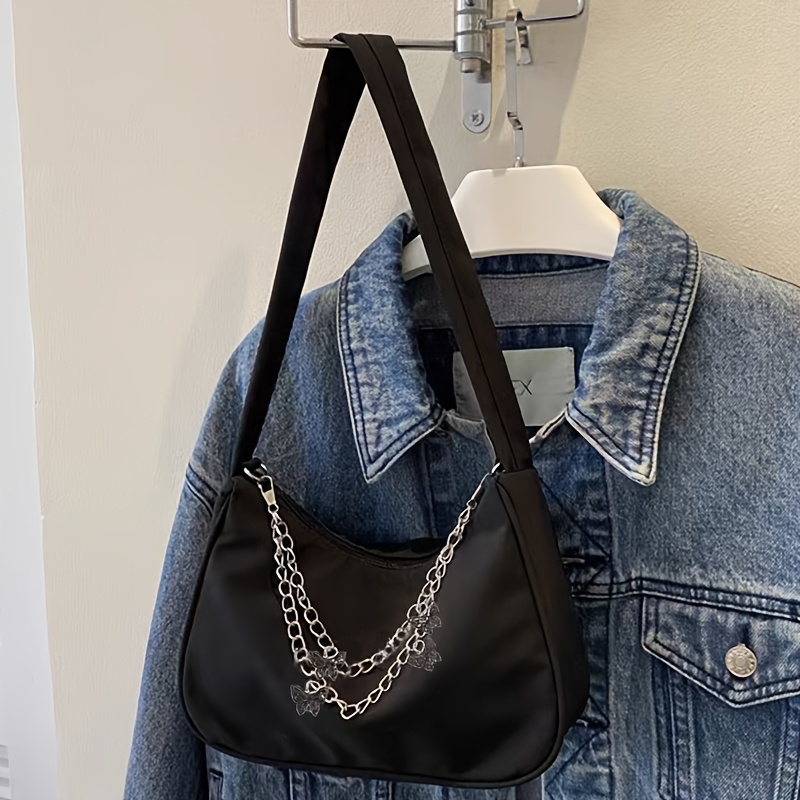 TEMU Uniseksowa lekka nylonowa torba na ramię z regulowanym łańcuszkowym paskiem i zamkiem błyskawicznym - casualowy szyk z frędzlami, wytrzymała