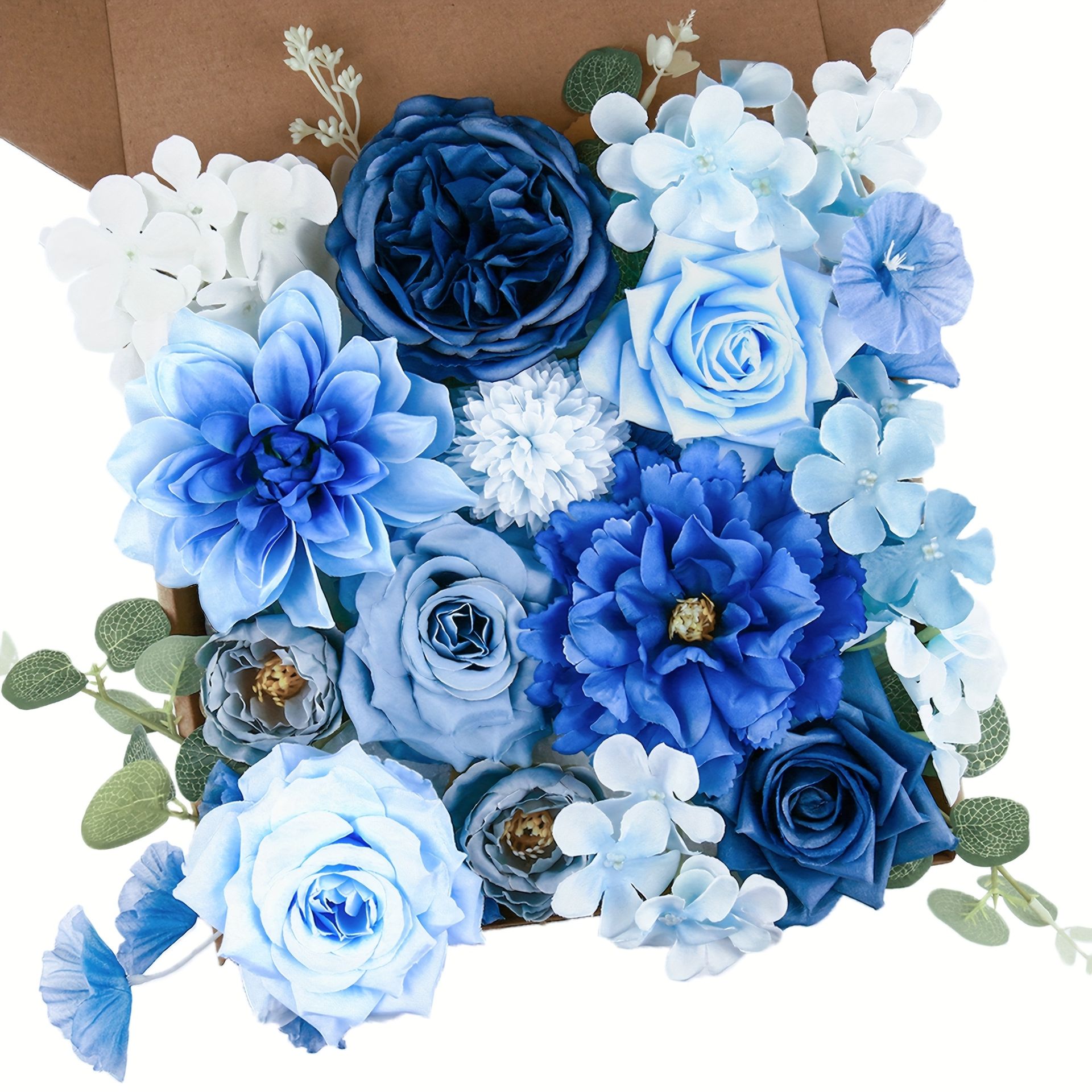 TEMU Zestaw Sztucznych Kwiatów w Pudełku - Realistyczne Peonie, Róże i Hortensje z Dalią na Łodygach oraz Białe Liście do DIY Ślubu, Wieczoru