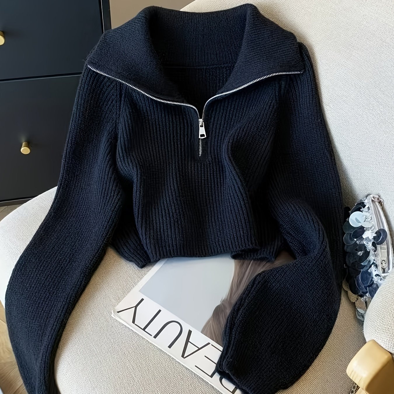 TEMU Damski, wygodny kardigan z wysokim dekoltem zapinany na zamek - długi rękaw, prążkowana tekstura, codzienny sweter na jesień/zimę z detalami z