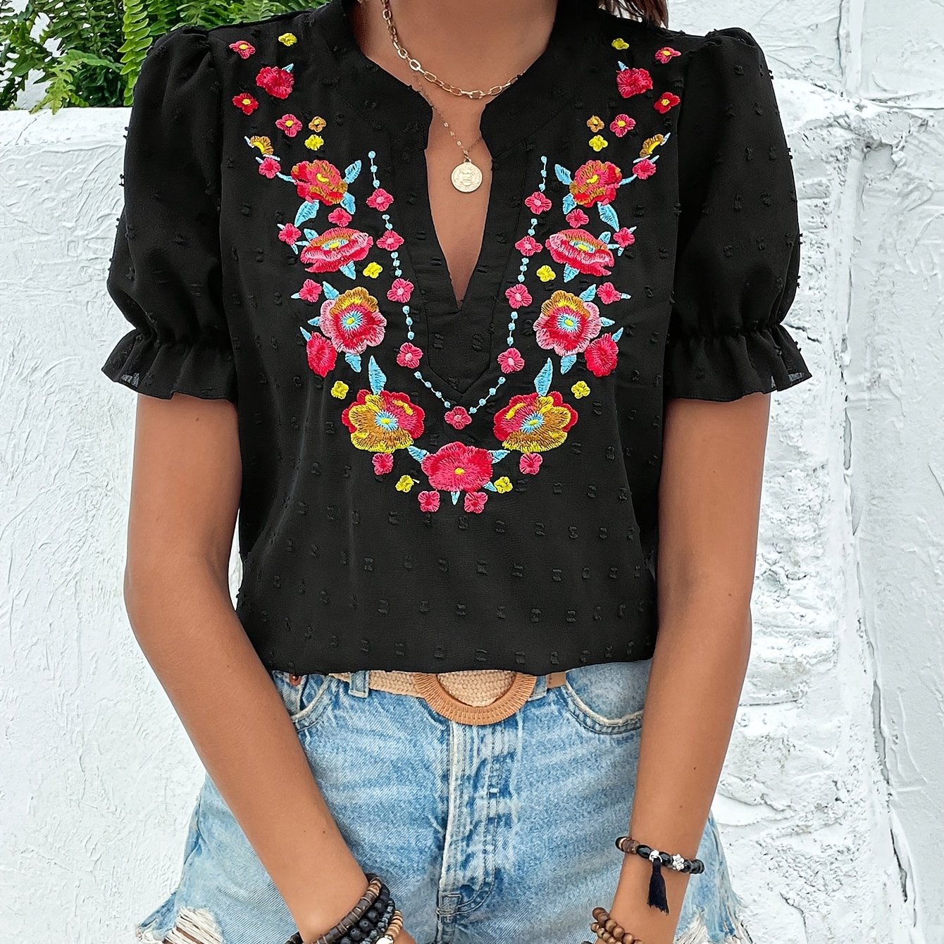 TEMU Bluzka z Haftem Kwiatowym i Dekoltem w Serek, Krótki Rękaw z Falbankami