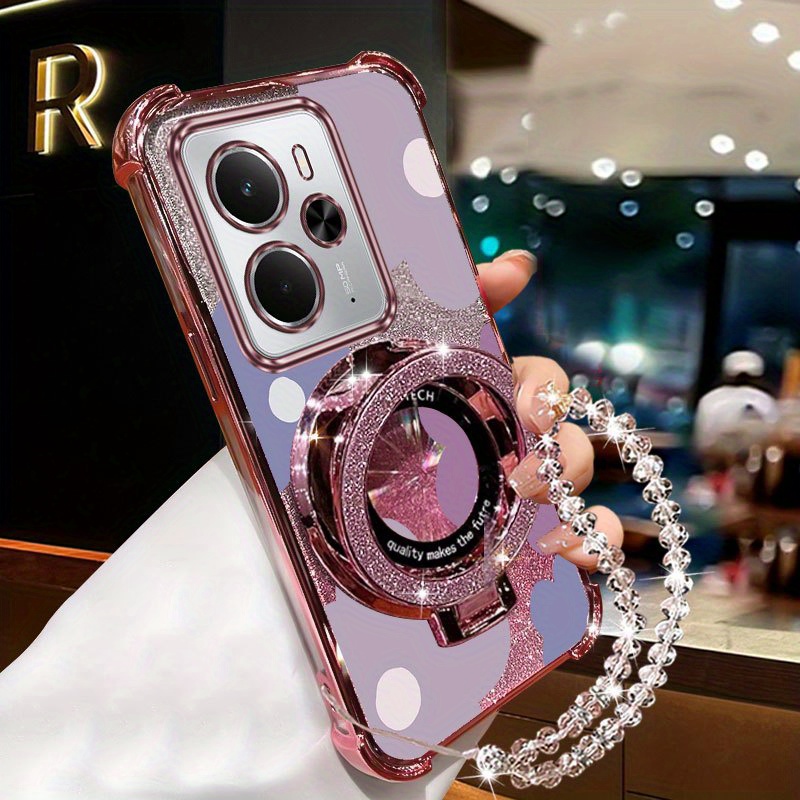 TEMU Etui na telefon: Realme 14 Duży Fioletowy Przezroczysty Magnetyczny Brokatowy Pasek z Perłowym Smyczem i Wytrzymałą Osłoną dla Realme 14
