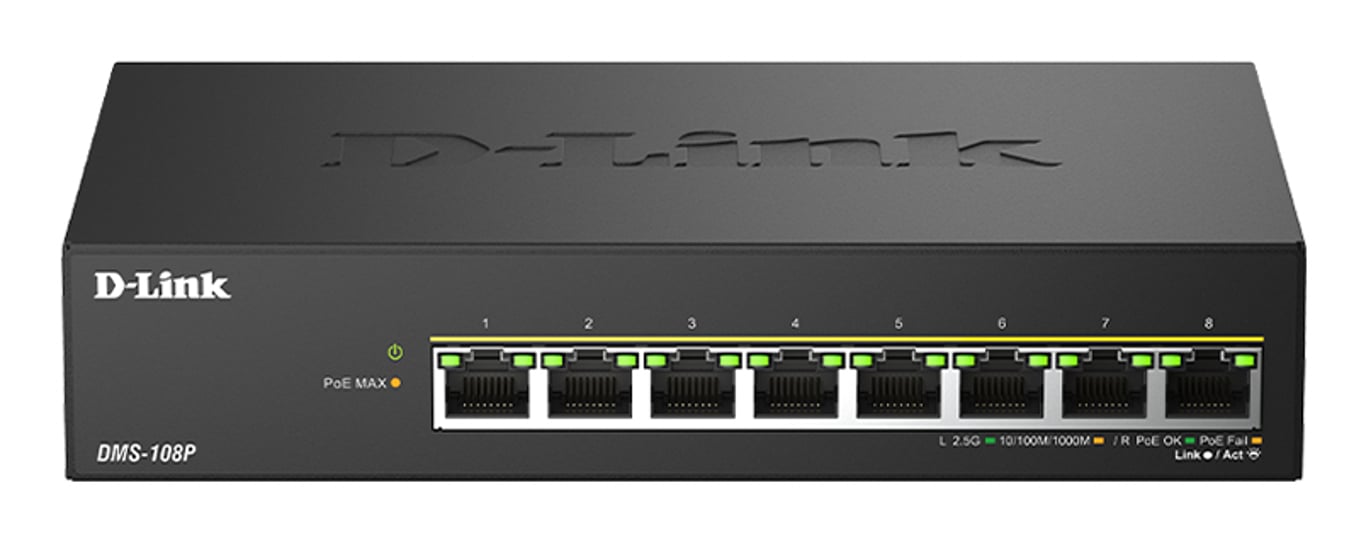 D-Link DMS-108P/E łącza sieciowe Nie zarządzany 2.5G Ethernet (100/1000/2500) Obsługa PoE Czarny
