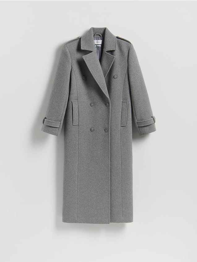 Reserved - Dwurzędowy płaszcz z wełną - szary