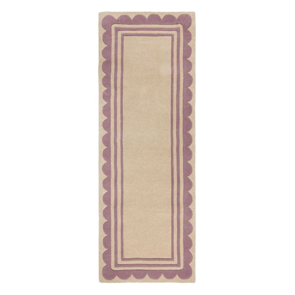 Fioletowo-naturalny wełniany chodnik tkany ręcznie 80x230 cm Lois Scallop – Flair Rugs