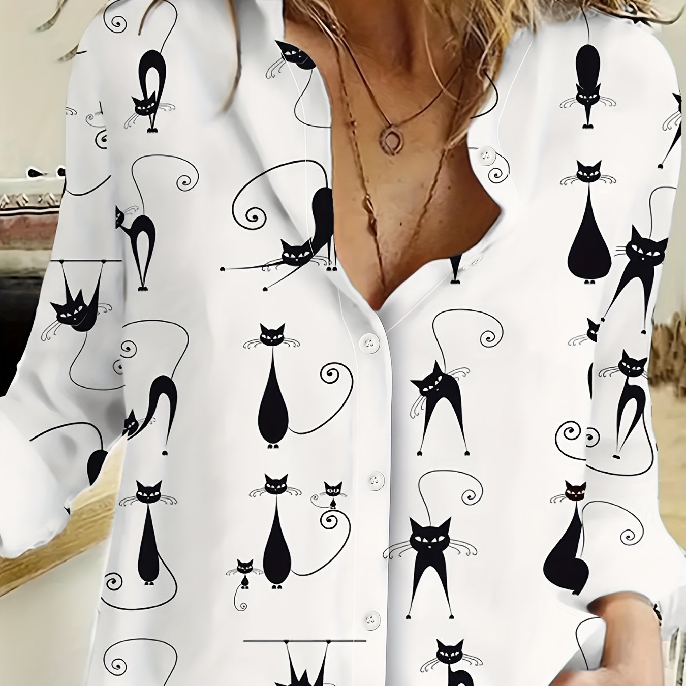 TEMU Urocza Koszula Z Przyciskami Z Nadrukiem Kota, Casualowa Koszula Z Długim Rękawem Z Kołnierzem, Odzież Damska