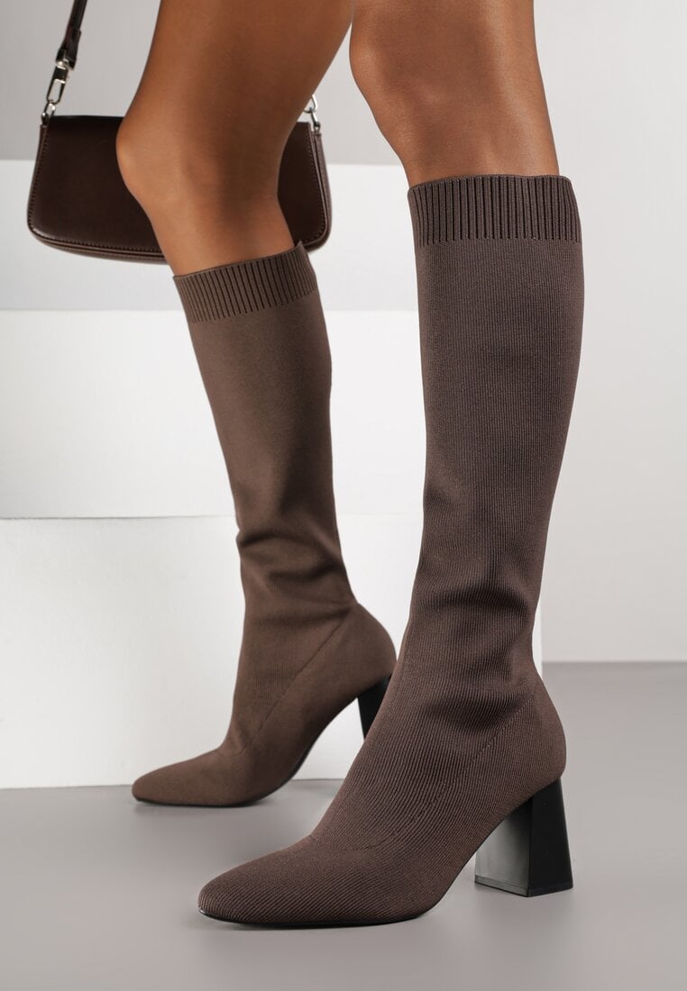 Brązowe Eleganckie Kozaki VICES na Słupku ze Skarpetkową Cholewką Mialles