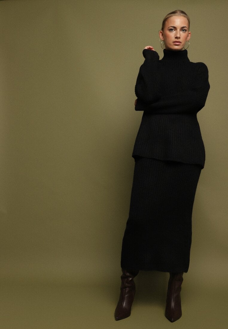 Czarny Komplet Dzianinowy z Wełną Sweter z Golfem i Ołówkowa Spódnica Falovira