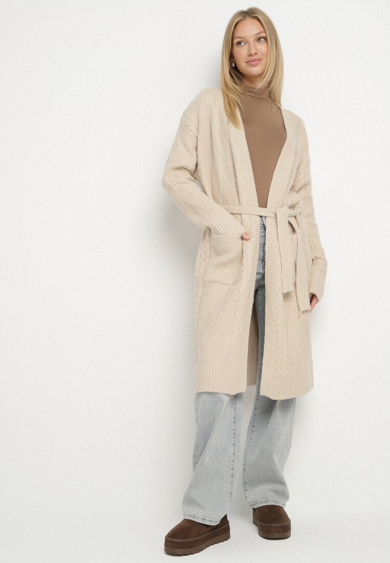 Beżowy Niezapinany Kardigan z Wełną z Warkoczowym Splotem i Wiązanym Paskiem Darrive
