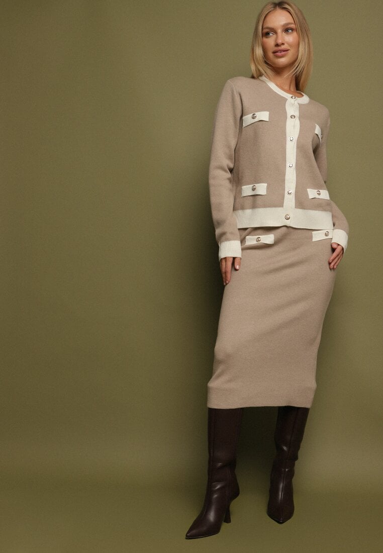 Beżowy Dzianinowy Komplet z Bawełną Kardigan i Spódnica Amantta