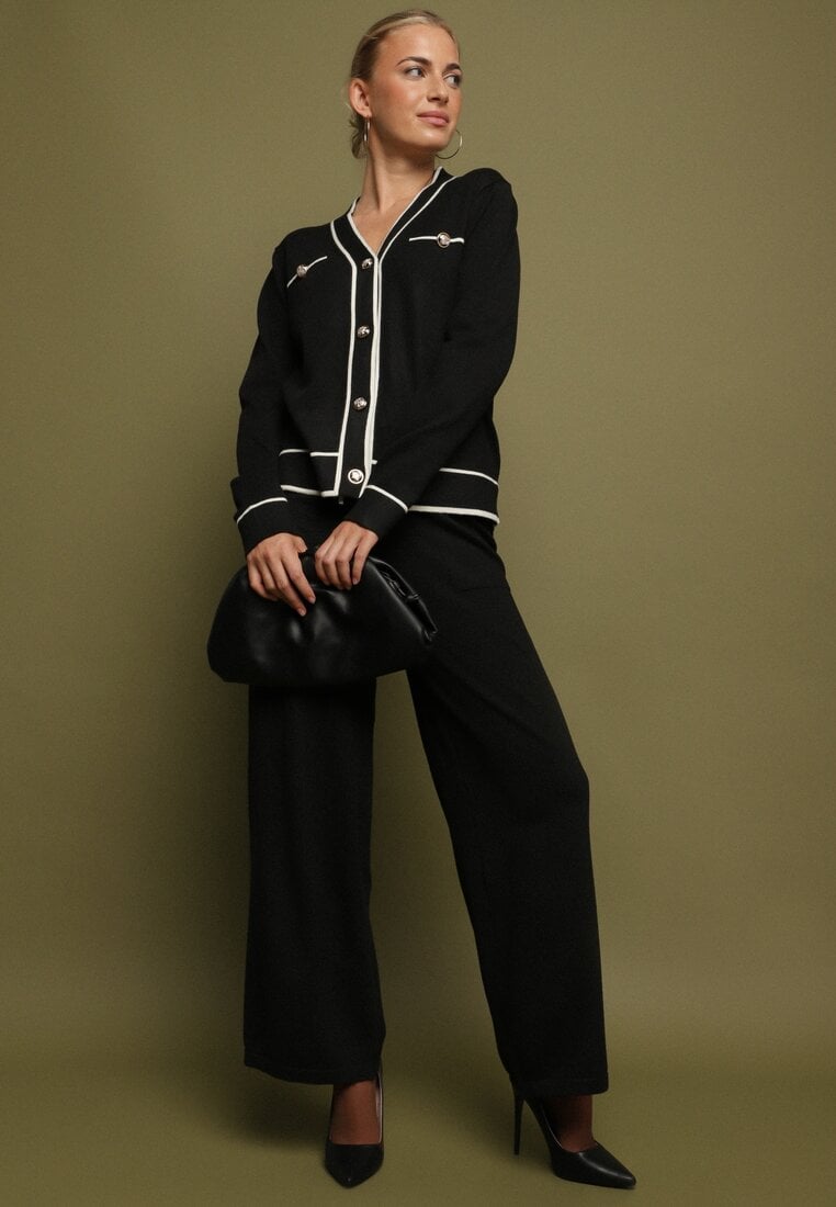 Czarny Dzianinowy Komplet Szerokie Spodnie i Kardigan z Lamówkami Gioresa