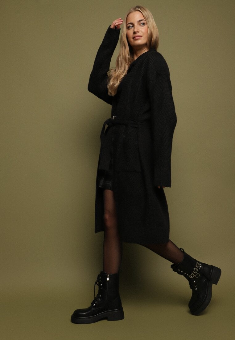 Czarny Niezapinany Kardigan z Wełną z Warkoczowym Splotem i Wiązanym Paskiem Darrive