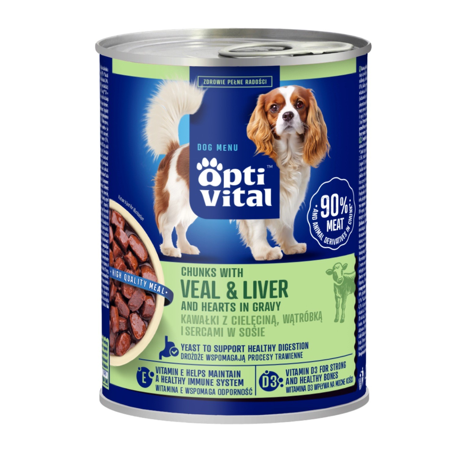 Mokra karma dla psa, soczyste kawałki z cielęciną oraz wątróbką drobiową w sosie OptiVital 415 g
